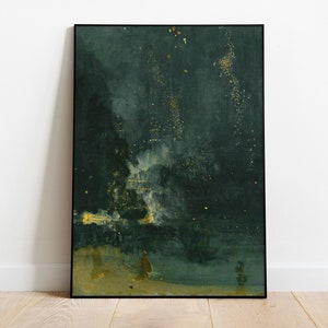 Pode incluir: Uma pintura de um céu noturno verde escuro com uma nuvem branca nebulosa e estrelas douradas dispersas. A parte inferior da pintura mostra uma massa de água verde escura com uma costa marrom clara.