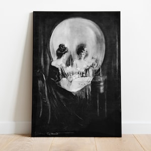May include: A black and white illustration of a woman looking into a mirror. The reflection in the mirror is a skull.