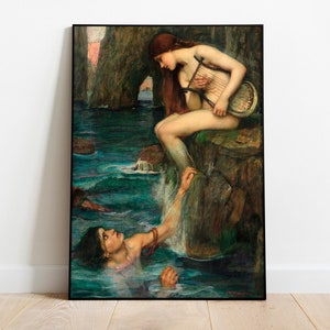 May include: A painting of a mermaid with long red hair sitting on a rock, playing a lyre. She is looking down at a man swimming towards her in the water. The painting is set in a rocky cove with a blue and green sea.