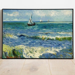 May include: A painting of a seascape with two sailboats on a choppy blue sea with whitecaps. The sky is a light blue with white clouds. The painting is in a black frame.