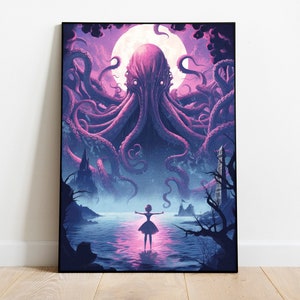 Purple Tentacled Cthulhu Digital Art, Cthulhu and Girl Poster Download, Cthulhu Printable Art Download, Cthulhu Gothic Art, Occult Art