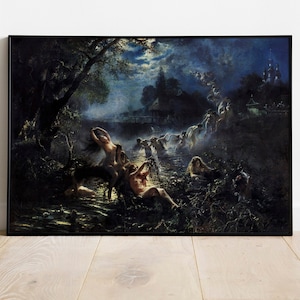 Può includere: Un dipinto che raffigura un gruppo di figure nude in una foresta illuminata dalla luna. Le figure sono in piedi in un fiume, e alcune si tengono per mano. La foresta è oscura e misteriosa, e la luna splende brillantemente nel cielo.