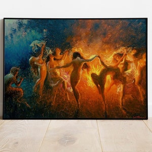 Fire Dance by Joseph Tomanek, Dancing Witches Wall Art, Witchy Art Instant Download, Mystical Digital Art, Fire Dance Printable Artwork