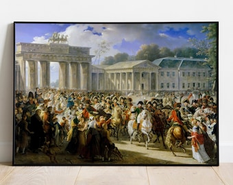 May include: A painting depicting a large crowd of people gathered in front of a grand archway. The scene is filled with people on horseback, soldiers in uniform, and civilians dressed in period clothing. The painting is set in a city square with buildings in the background.