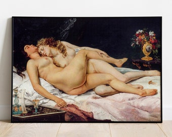 May include: A painting of two nude figures lying together on a bed. The figures are embracing and appear to be asleep. The painting is set in a dark room with a vase of flowers in the background.