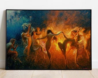 Feuertanz von Joseph Tomanek, tanzende Hexen, Sofort Download, mystische digitale Kunst, druckbare Kunst, Feuertanz