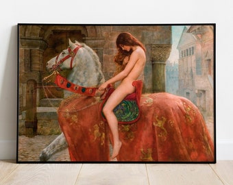 Lady Godiva door John Collier, Victoriaanse vrouw afdrukbare kunst Instant Download, middeleeuwse digitale poster, mythologische vrouw digitale kunst
