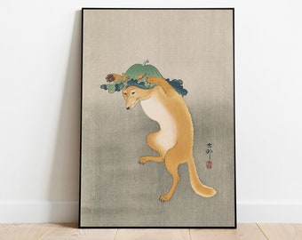 小原古邨作「蓮の葉の帽子をかぶった踊る狐」日本美術版画、木版画