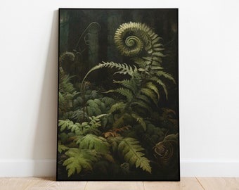 May include: A framed print of a dark green fern with a curled frond in the center. The fern is set against a dark background.