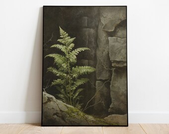 May include: A close-up of a green fern growing out of a rock wall. The fern is in focus, while the rock wall is out of focus. The background is dark and shadowy.