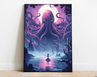 Purple Tentacled Cthulhu Digital Art, Cthulhu and Girl Poster Download, Cthulhu Printable Art Download, Cthulhu Gothic Art, Occult Art