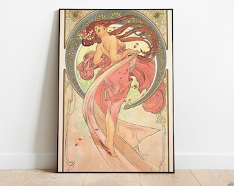 アルフォンス・ミュシャのダンス、アールヌーボーの印刷可能なアート、花のデジタルイラストのダウンロード、ロマンティックアート、ミュシャのデジタルポスター、アールヌーボーアート