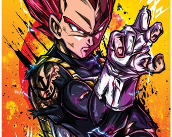 May include: A digital illustration of a red-haired anime character with a fierce expression. The character is wearing a black and purple outfit with a white bandage on their right hand. The background is a yellow and orange splatter pattern with Japanese characters.