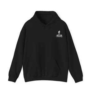 May include: Black hooded sweatshirt with a white logo featuring a stylized image of trees and the word "KELLER".