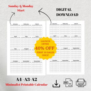Printable Calendar 2025 | Printable Template| A4 A3 A2 PDF | Sunday & Monday Start |  Planner Template  | Monthly Calendar