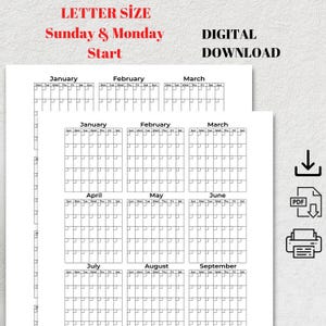 2025 Monthly Calendar Printable |  Monthly Calendar | Letter Size Calendar | Monday & Sunday Start | Printable Template | Daily Planner| PDF