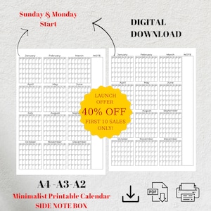 Printable Calendar 2025 | Printable Template| A4 A3 A2 PDF | Sunday & Monday Start | Note Planner Template  | Monthly Calendar
