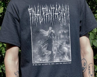 Final Fantasy VII Black Metal T-Shirt, Unisex FF7 Sephiroth Video Game Tee