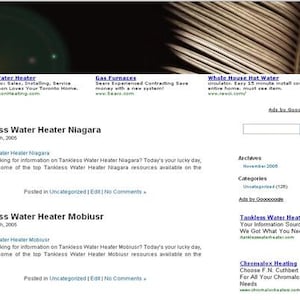 May include: A website screenshot featuring text about tankless water heaters and related services. The page includes headings like "Hot Water Heater" and "Gas Furnaces," along with links and search functionality. The design is simple, with a white background and blue text.
