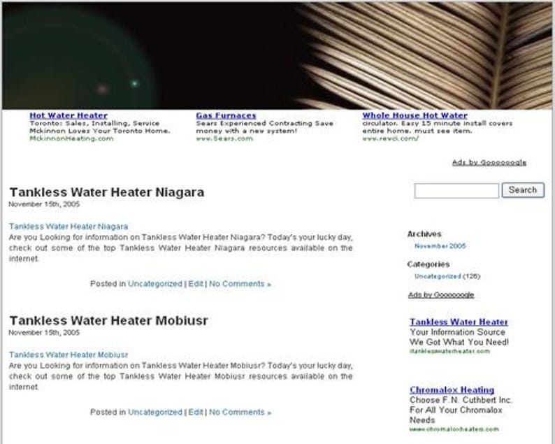 May include: A website screenshot featuring text about tankless water heaters and related services. The page includes headings like "Hot Water Heater" and "Gas Furnaces," along with links and search functionality. The design is simple, with a white background and blue text.