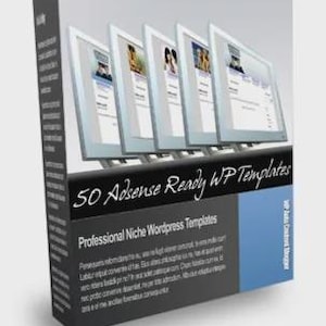 May include: A product box featuring the text "50 Adsense Ready WP Templates" and "Professional Niche Wordpress Templates." The box displays images of website templates on computer screens. The box has a black, gray, and blue color scheme.