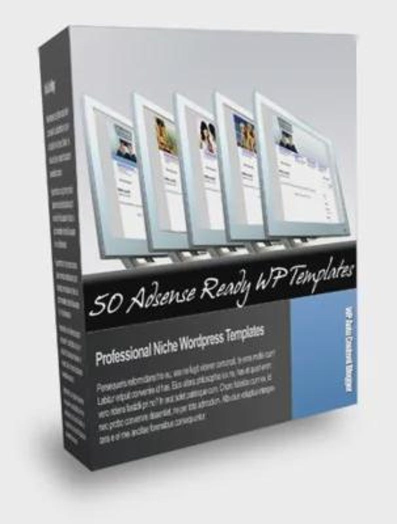 May include: A product box featuring the text "50 Adsense Ready WP Templates" and "Professional Niche Wordpress Templates." The box displays images of website templates on computer screens. The box has a black, gray, and blue color scheme.