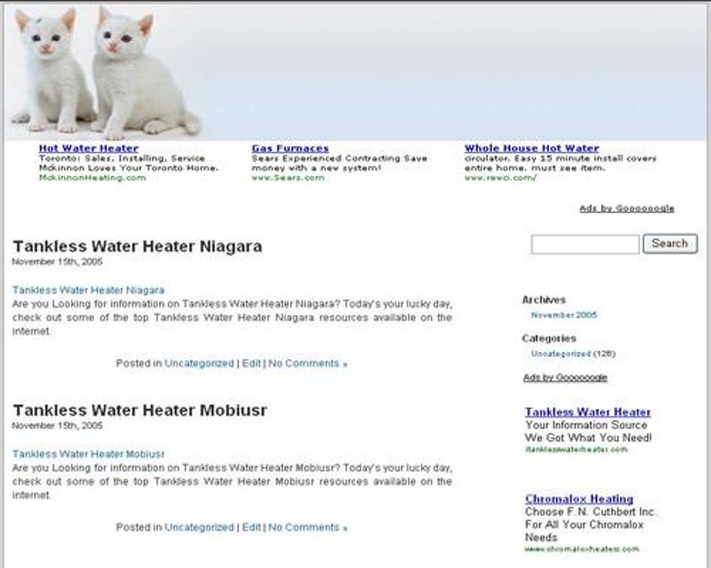 May include: Two white kittens sit atop a website design. The website's content includes text about tankless water heaters, gas furnaces, and hot water systems. Additional text includes website links and advertisements.