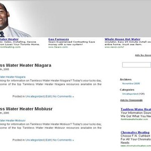 May include: A website layout with a smiling man at the top, followed by text and links. The text includes "Hot Water Heater," "Gas Furnaces," and "Tankless Water Heater Niagara." The site also features a search bar and advertising links.