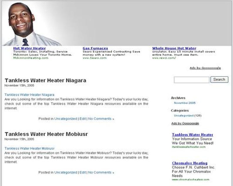 May include: A website layout with a smiling man at the top, followed by text and links. The text includes "Hot Water Heater," "Gas Furnaces," and "Tankless Water Heater Niagara." The site also features a search bar and advertising links.