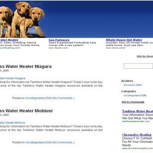 May include: Three golden retriever puppies stand against a blue sky background. The website features text about hot water heaters, gas furnaces, and tankless water heaters, with links and search options.