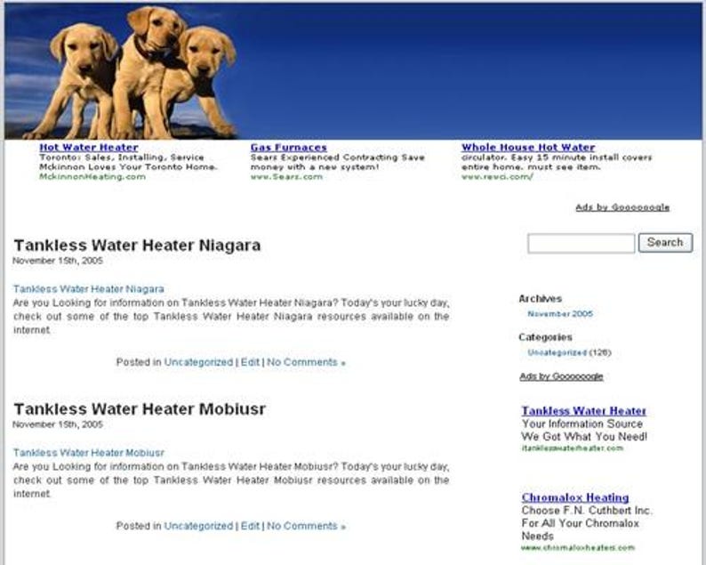May include: Three golden retriever puppies stand against a blue sky background. The website features text about hot water heaters, gas furnaces, and tankless water heaters, with links and search options.
