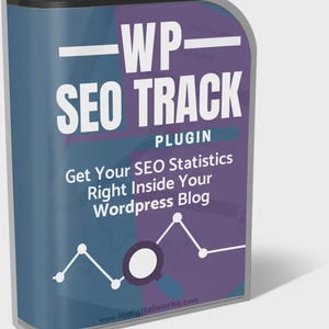 May include: A blue and purple graphic with the text "WP SEO TRACK PLUGIN". The graphic also includes the text "Get Your SEO Statistics Right Inside Your Wordpress Blog" and a line graph with a magnifying glass.