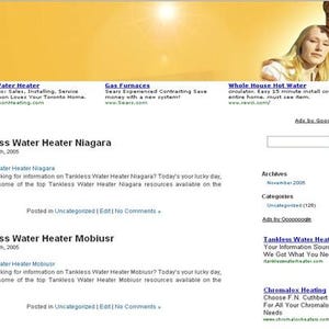 May include: A website screenshot with a yellow and white background. The site features text about hot water heaters, gas furnaces, and tankless water heaters. A couple is pictured in the top right corner.