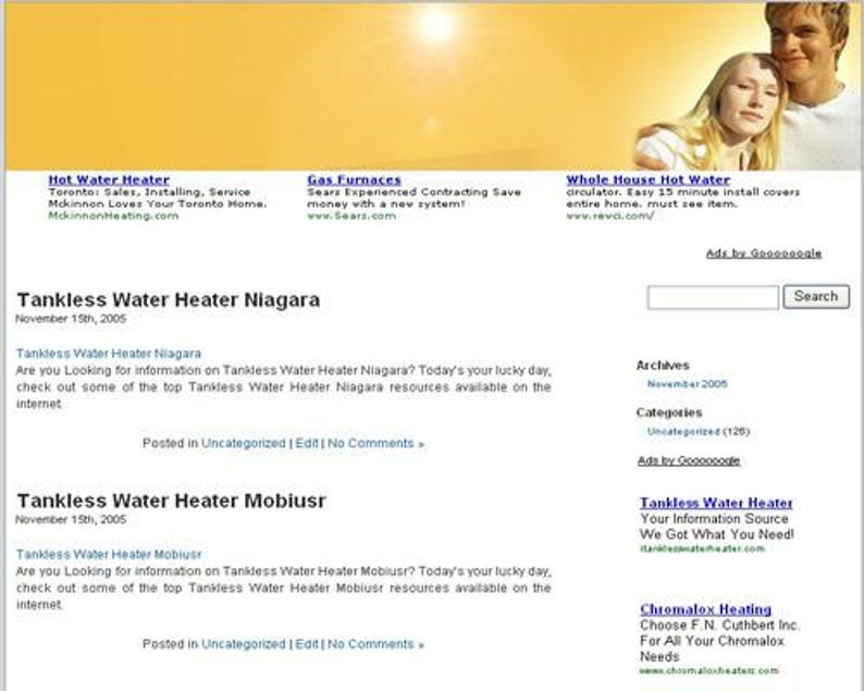 May include: A website screenshot with a yellow and white background. The site features text about hot water heaters, gas furnaces, and tankless water heaters. A couple is pictured in the top right corner.