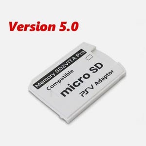 May include: A white Micro SD to PSV Adaptor with the text "micro SD" and "PSV Adaptor". The adaptor is labelled "Memory SD2VITA Pro Compatible". The text "Version 5.0" is in red at the top.