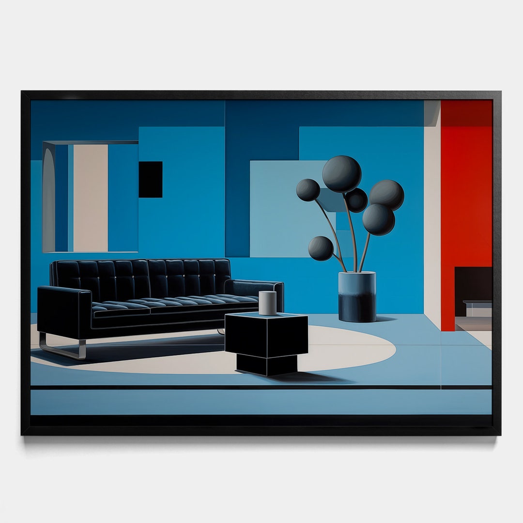 Modern Abstract Living Room Wall Art, Large Blue and Black
