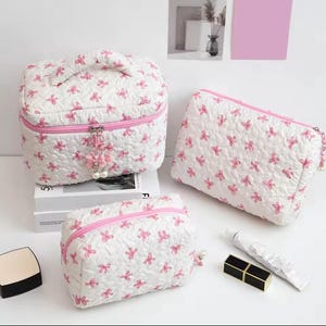 Coquette Quilted Makeup Bag Set - Bow Cosmetic & Travel Pouch