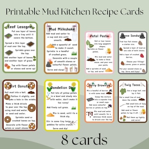 8 Mud Kitchen-receptkaarten – printbare buitenspeelgoed voor kinderen | Fantasiespel Natuurrecepten | Garden Play-activiteitenkaarten | Direct downloaden