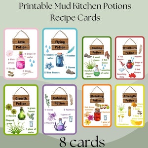Cartes de recettes de potions de boue pour la cuisine, Ressources d'apprentissage imprimables sur le jeu dans la nature, École de la forêt, Matériel Montessori pour l'enseignement à domicile, Jeu de rôle