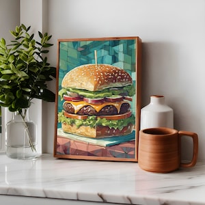 Hamburger Fast Food Delicious Poster With Pastel Colors Decor for House Living Room Poster, Dining Room, Guest Room, Restaurant, Cafe