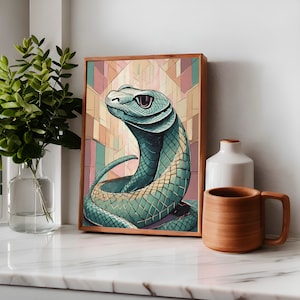 Snake in Cubic World With Pastel Colors Portrait Poster Decor for House Living Room, Bedroom, Dining Room, Guest Room, Playroom