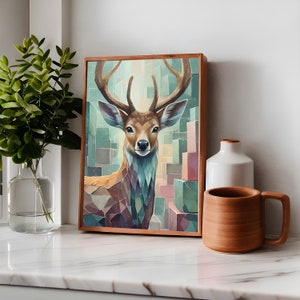 Uroczy jeleń w sześciennym świecie z pastelowymi kolorami, plakat z portretem, dekoracja do salonu, sypialni, jadalni, pokoju gościnnego i pokoju zabaw