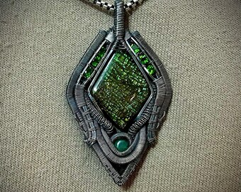 Viridis Ignis, heady wire wrap pendant featuring sterling silver, ammolite, chrome diopsides, malachite, and afghan green tourmaline.