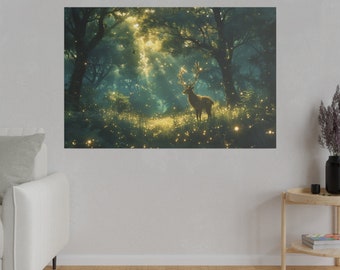 Magical green foret with a deer on a matte canvas