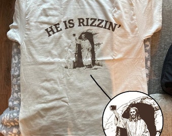 He is Rizzin' Funny Easter Shirt of Jesus Taking a Tomb Selfie, Retro Christian Faith Religious Graphic Tee, Weirdcore Clothing That Go Hard