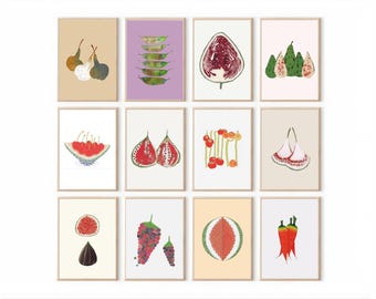 May include: A collection of twelve framed art prints featuring watercolor illustrations of various fruits and vegetables. The artwork includes pears, figs, cherries, and other produce, each set against a neutral background.
