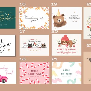 Puede incluir: Un conjunto de 10 tarjetas de felicitaci&oacute;n imprimibles con varios temas de vacaciones y cumplea&ntilde;os. Las tarjetas incluyen ilustraciones de un &aacute;rbol de Navidad, un oso, un perezoso, un cami&oacute;n y bastones de caramelo. El texto en las tarjetas incluye "Feliz Navidad", "Feliz cumplea&ntilde;os", "Pensando en ti" y "Gracias".