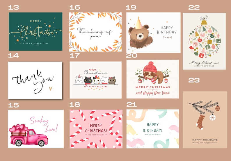 Puede incluir: Un conjunto de 10 tarjetas de felicitaci&oacute;n imprimibles con varios temas de vacaciones y cumplea&ntilde;os. Las tarjetas incluyen ilustraciones de un &aacute;rbol de Navidad, un oso, un perezoso, un cami&oacute;n y bastones de caramelo. El texto en las tarjetas incluye "Feliz Navidad", "Feliz cumplea&ntilde;os", "Pensando en ti" y "Gracias".