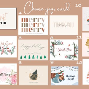 Puede incluir: Doce tarjetas de felicitaci&oacute;n diferentes con varios dise&ntilde;os y temas. Las tarjetas presentan ilustraciones de &aacute;rboles, calcetines, un perezoso, un coche y un regalo. El texto en las tarjetas incluye "Feliz Navidad", "Felices Fiestas", "Que te mejores pronto", "Gracias", "Este es un regalo para ti", y "&iexcl;Enviando abrazos!"