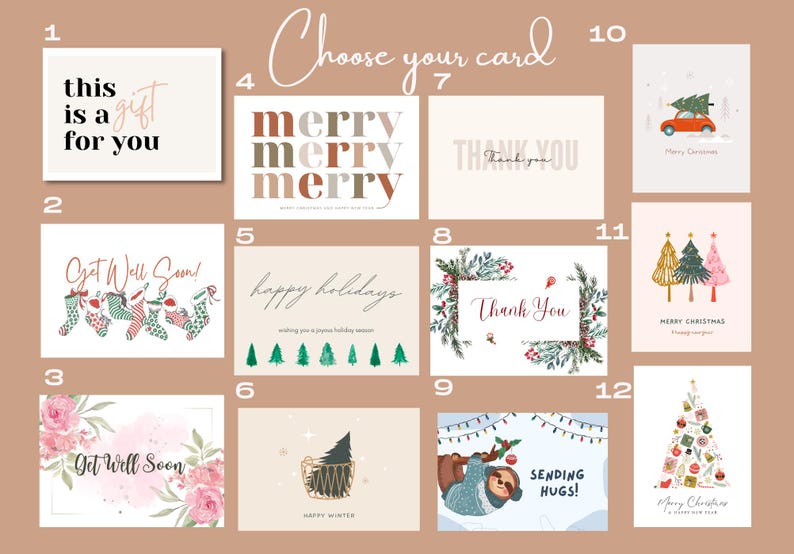 Puede incluir: Doce tarjetas de felicitaci&oacute;n diferentes con varios dise&ntilde;os y temas. Las tarjetas presentan ilustraciones de &aacute;rboles, calcetines, un perezoso, un coche y un regalo. El texto en las tarjetas incluye "Feliz Navidad", "Felices Fiestas", "Que te mejores pronto", "Gracias", "Este es un regalo para ti", y "&iexcl;Enviando abrazos!"